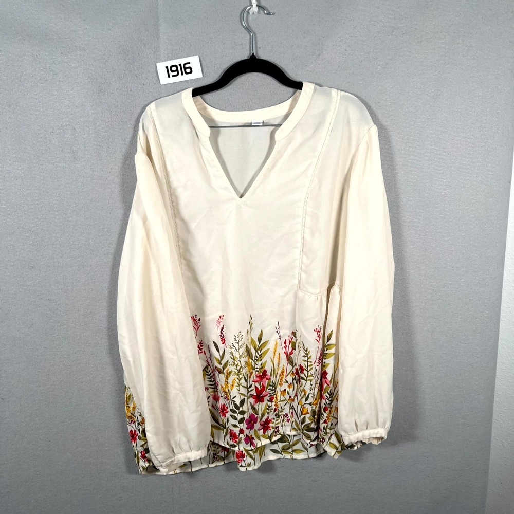 Old Navy Blouse Womens XL Ivory Floral Peplum Hem V Neck Long Sleeve Pullover